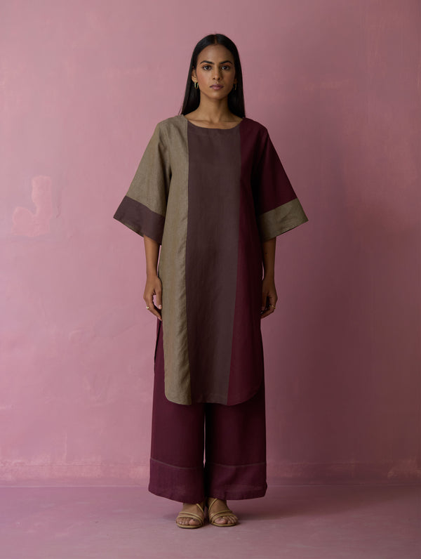 Risa Color-Blocked Linen Kurta - Earth