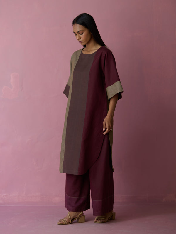 Risa Color-Blocked Linen Kurta - Earth