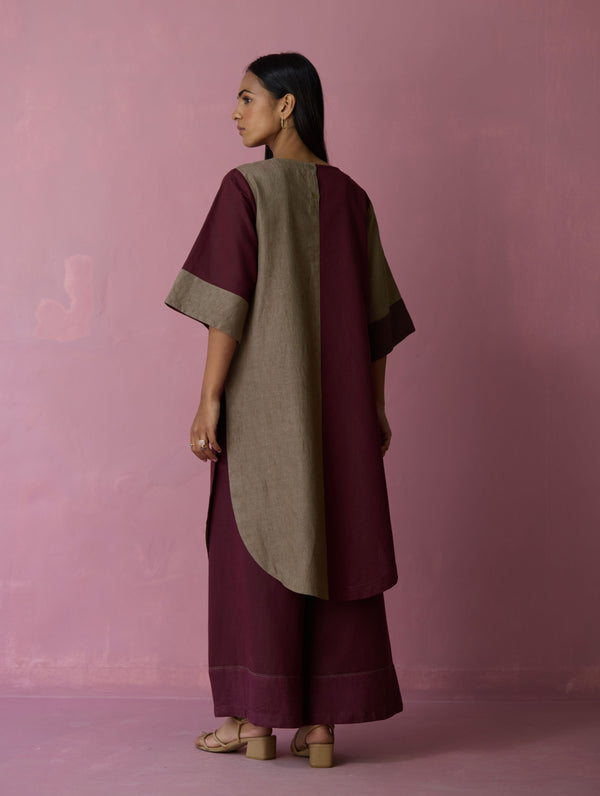 Risa Color-Blocked Linen Kurta - Earth
