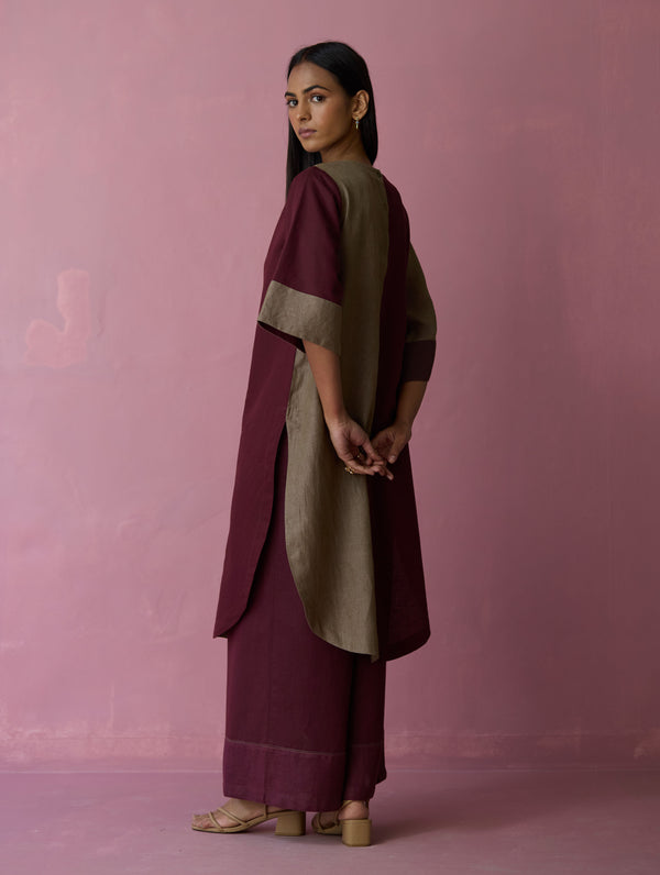 Risa Color-Blocked Linen Kurta - Earth