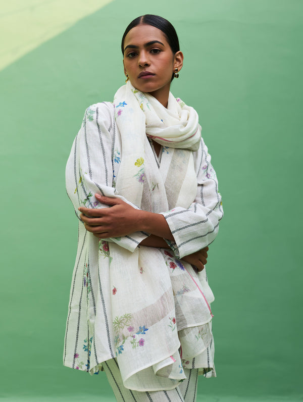 Maho Botanical Stripe Linen Kurta Set - Ivory