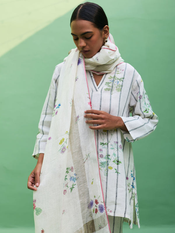 Maho Botanical Stripe Linen Kurta Set - Ivory