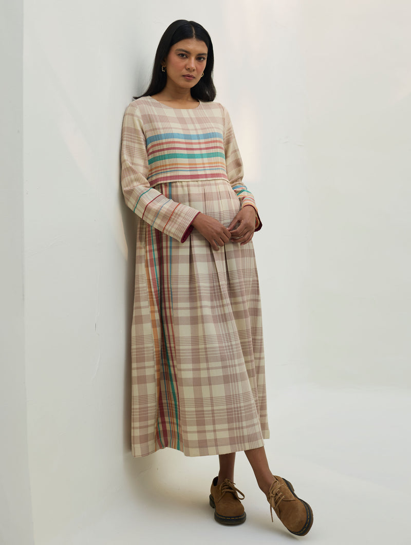 Buy Fiona Beige Merino Wool Pleated Dress | Manan M Buy Fiona Beige Merino Wool Pleated Dress | Manan M