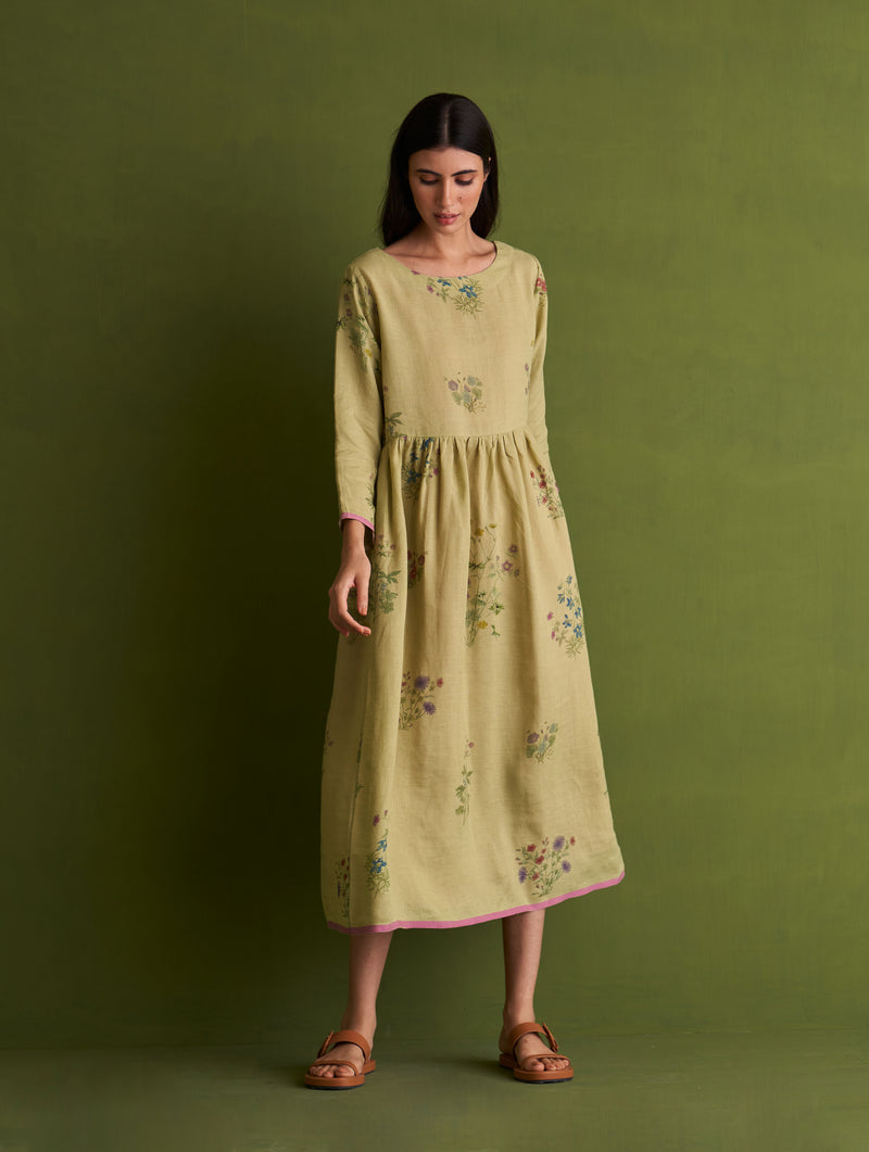 Misaki Botanical Linen Dress - Fern