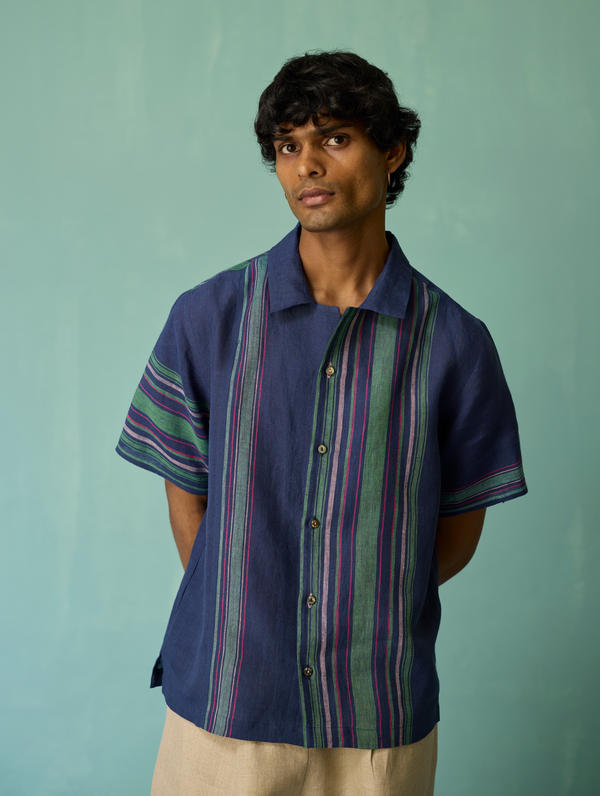 Heath Camp Collar Linen Shirt - Indigo