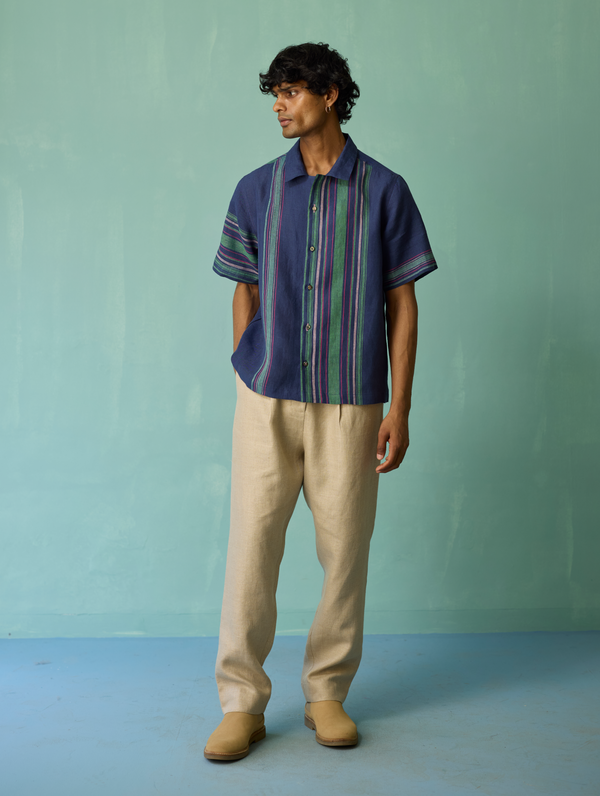 Heath Camp Collar Linen Shirt - Indigo