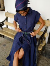 Nika Pleated Linen Wrap Dress - Indigo