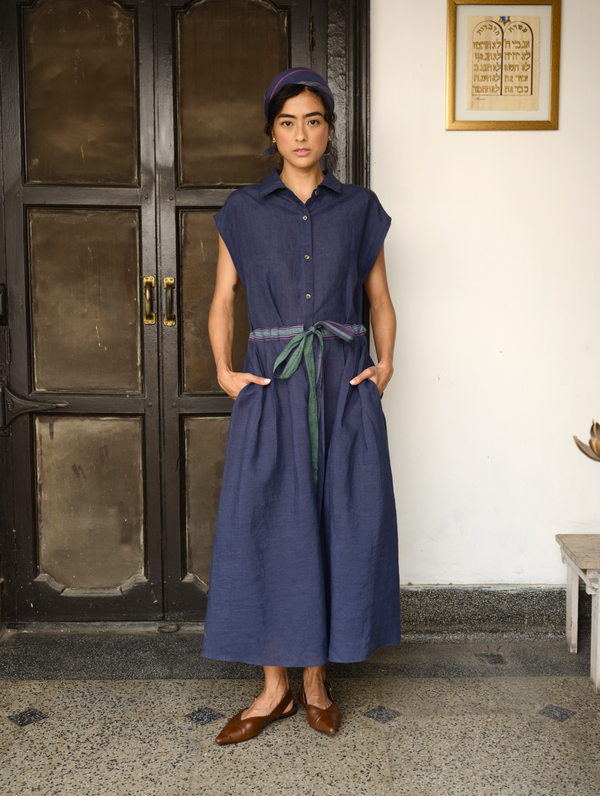 Nika Pleated Linen Wrap Dress - Indigo