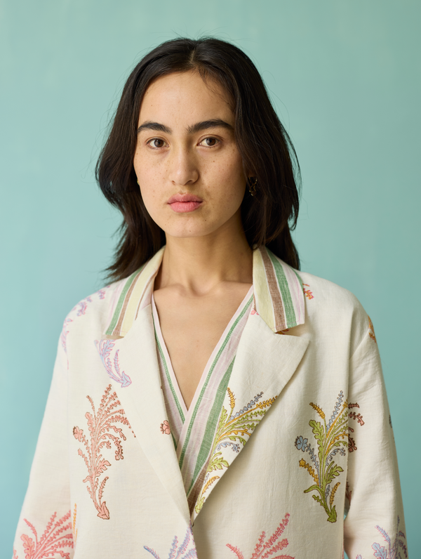 Arya Block Printed Floral Blazer - Ivory