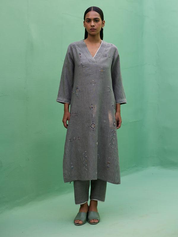 Rena Hand-Embroidered Linen Kurta Set - Grey