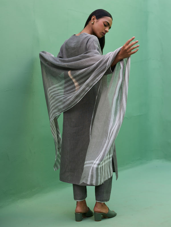 Rena Hand-Embroidered Linen Kurta Set - Grey