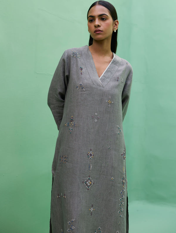 Rena Hand-Embroidered Linen Kurta Set - Grey