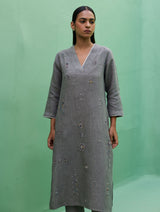 Rena Hand-Embroidered Linen Kurta - Grey