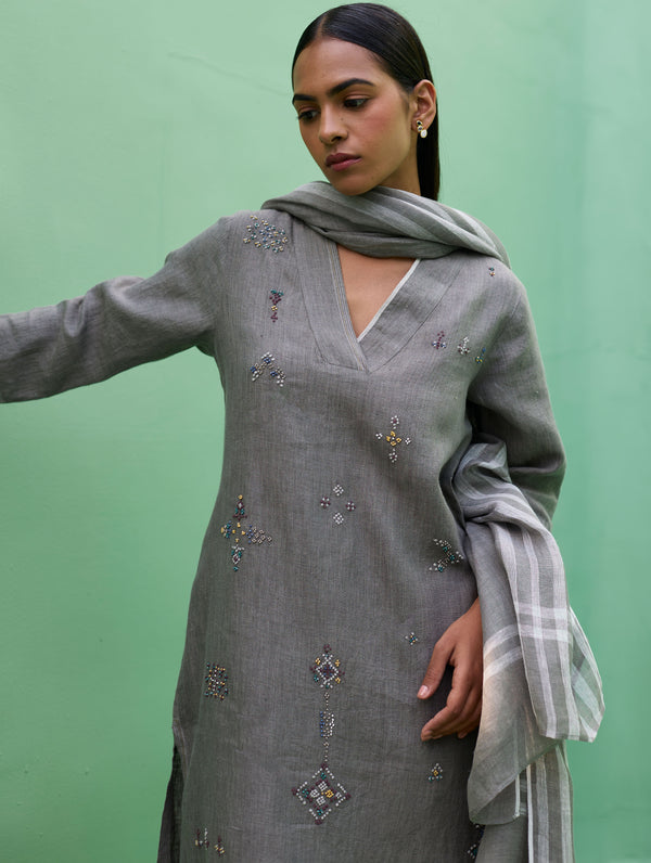 Rena Hand-Embroidered Linen Kurta Set - Grey