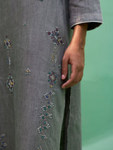 Rena Hand-Embroidered Linen Kurta Set - Grey