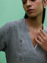 Rena Hand-Embroidered Linen Kurta Set - Grey