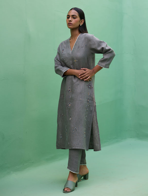Rena Hand-Embroidered Linen Kurta Set - Grey