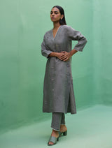 Rena Hand-Embroidered Linen Kurta Set - Grey