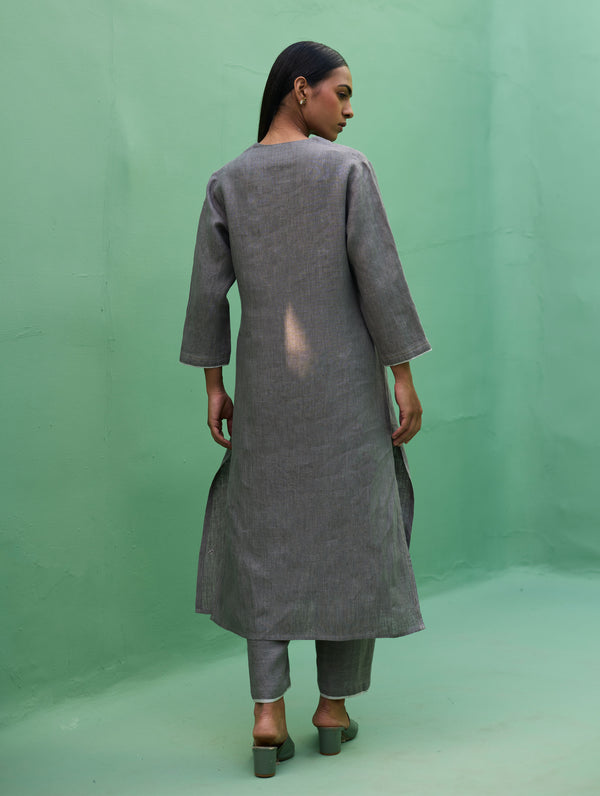 Rena Hand-Embroidered Linen Kurta Set - Grey