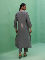 Rena Hand-Embroidered Linen Kurta Set - Grey