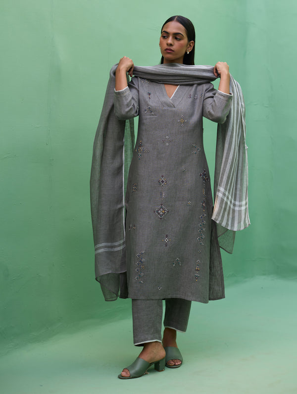 Rena Hand-Embroidered Linen Kurta Set - Grey