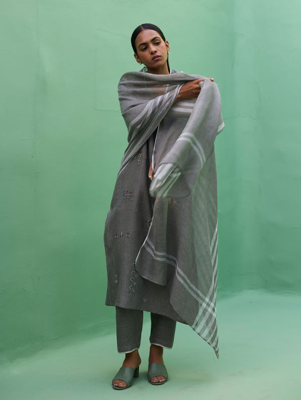 Rena Hand-Embroidered Linen Kurta Set - Grey