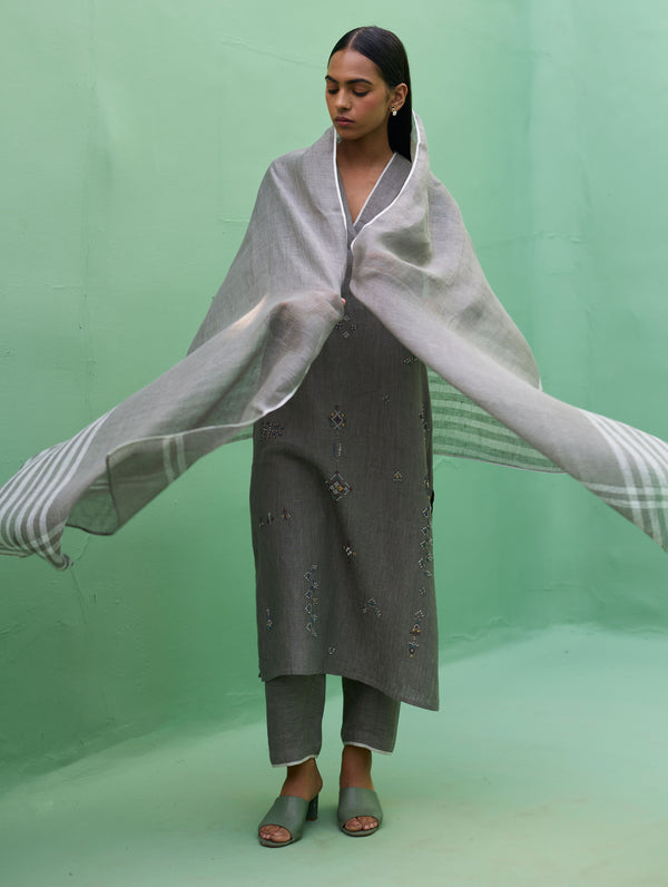 Rena Hand-Embroidered Linen Kurta Set - Grey