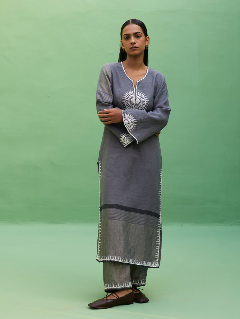 Susie Gotapatti Linen Kurta - Metallic Grey