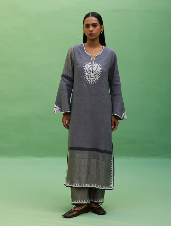 Susie Gotapatti Linen Kurta - Metallic Grey