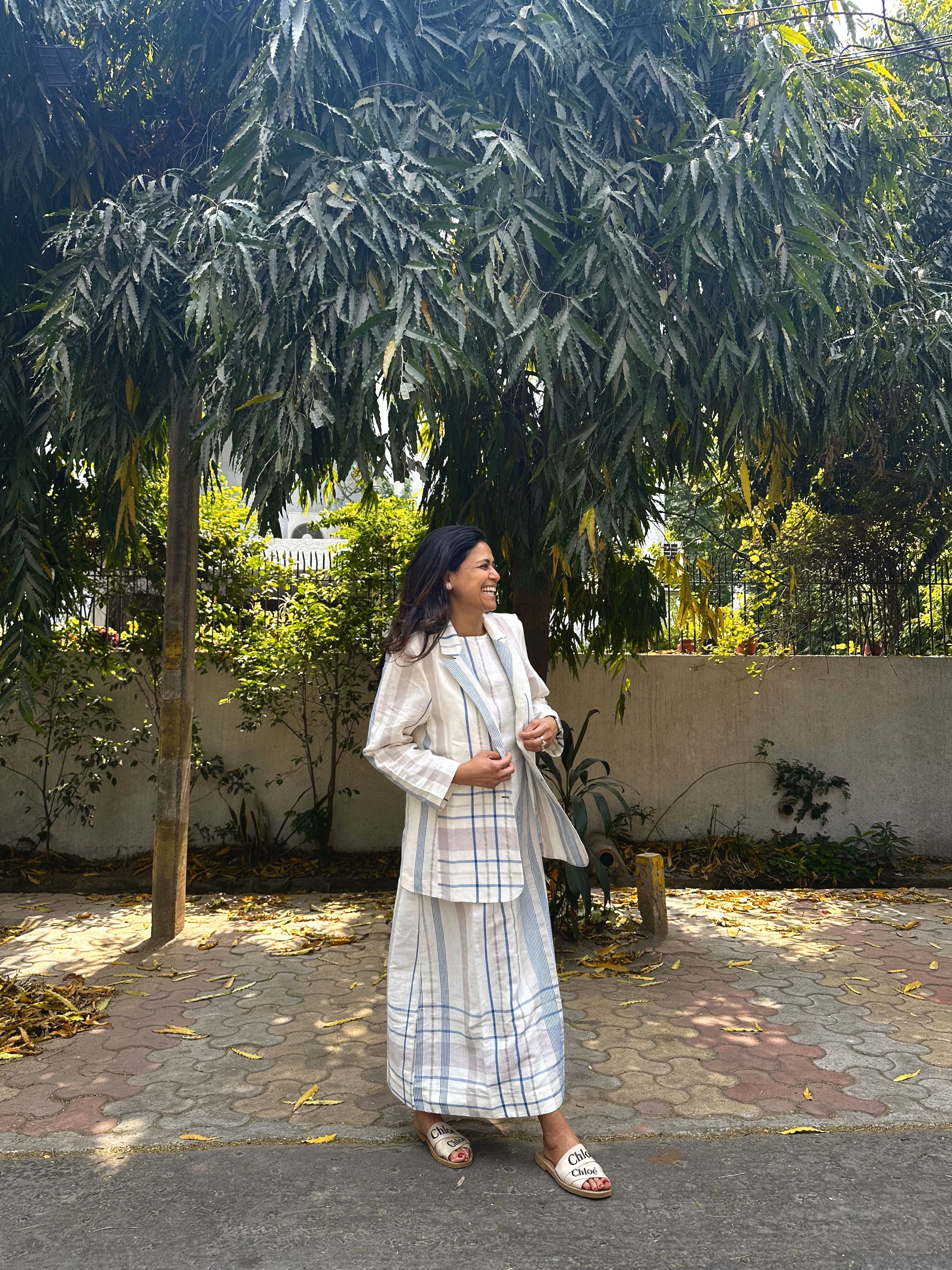 Inara Check Linen Dress With Blazer - Ivory – Manan