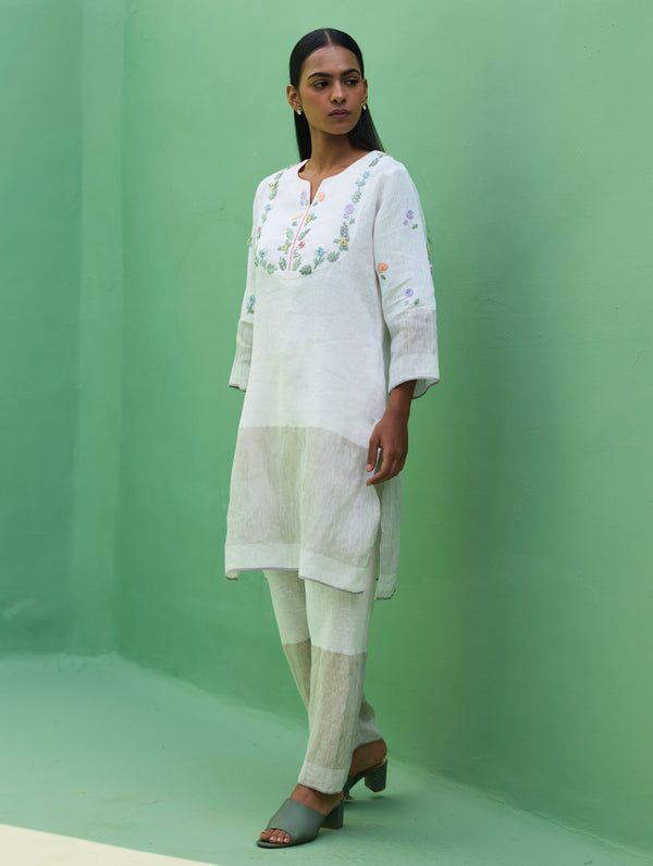 Celia Hand-Embroidered Metallic Linen Kurta - Ivory