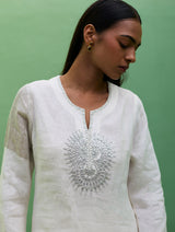 Susie Gotapatti Linen Kurta - Metallic Ivory