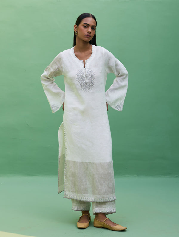 Susie Gotapatti Linen Kurta - Metallic Ivory