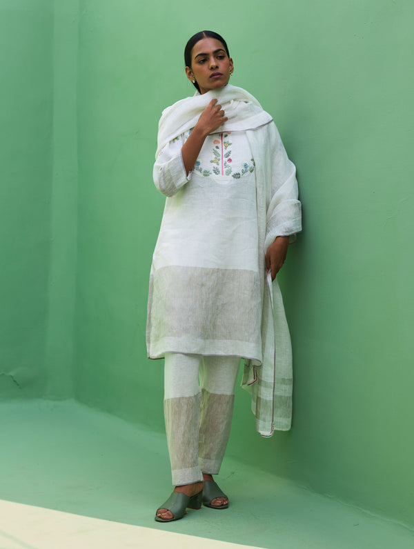 Celia Metallic Linen Hand-Embroidered Kurta Set - Ivory