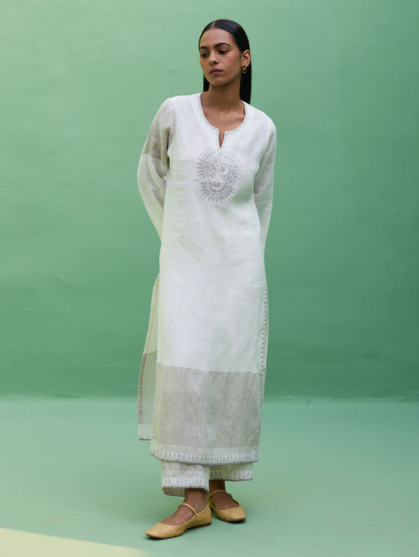 Susie Gotapatti Linen Kurta - Metallic Ivory