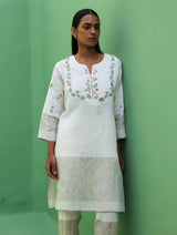 Celia Hand-Embroidered Metallic Linen Kurta - Ivory