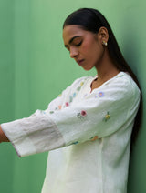 Celia Hand-Embroidered Metallic Linen Kurta - Ivory