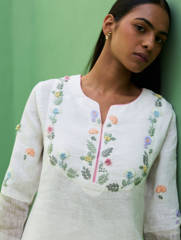 Celia Hand-Embroidered Metallic Linen Kurta - Ivory