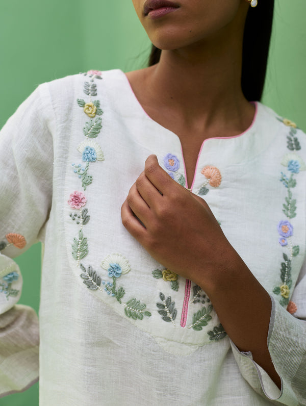 Celia Hand-Embroidered Metallic Linen Kurta - Ivory