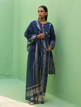 Celia Metallic Linen Hand-Embroidered Kurta Set - Navy