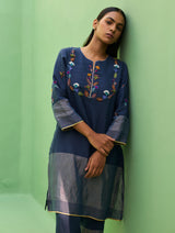 Celia Hand-Embroidered Metallic Linen Kurta - Navy