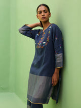 Celia Hand-Embroidered Metallic Linen Kurta - Navy