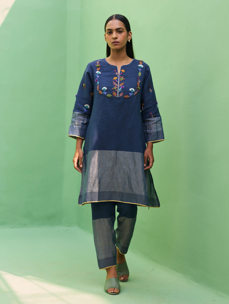 Celia Hand-Embroidered Metallic Linen Kurta - Navy