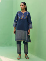 Celia Hand-Embroidered Metallic Linen Kurta - Navy
