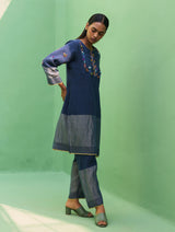 Celia Hand-Embroidered Metallic Linen Kurta - Navy
