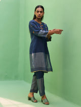 Celia Hand-Embroidered Metallic Linen Kurta - Navy