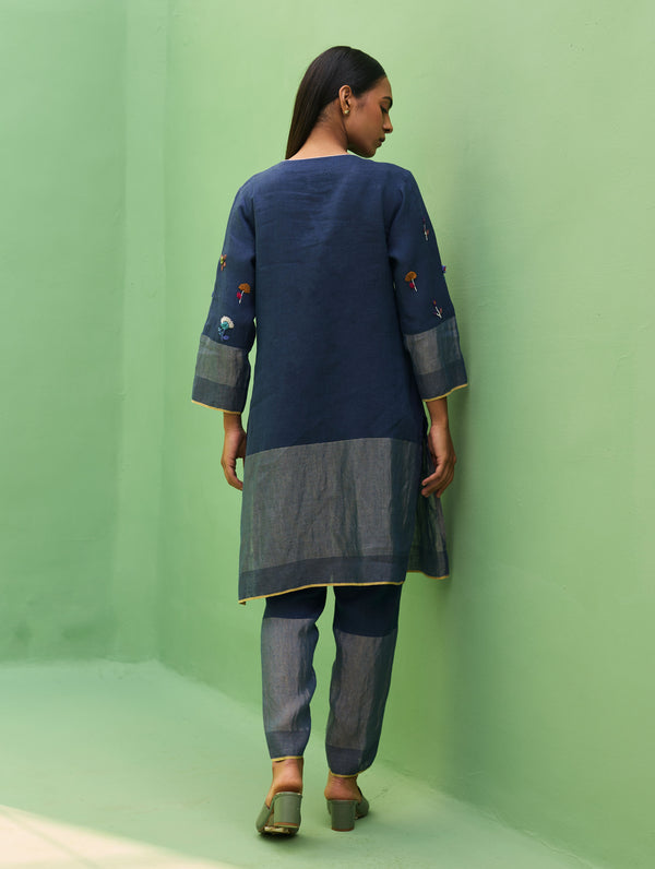 Celia Hand-Embroidered Metallic Linen Kurta - Navy