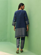 Celia Hand-Embroidered Metallic Linen Kurta - Navy