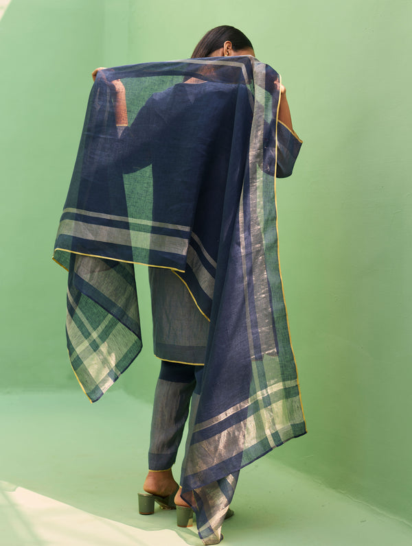 Celia Metallic Linen Hand-Embroidered Kurta Set - Navy
