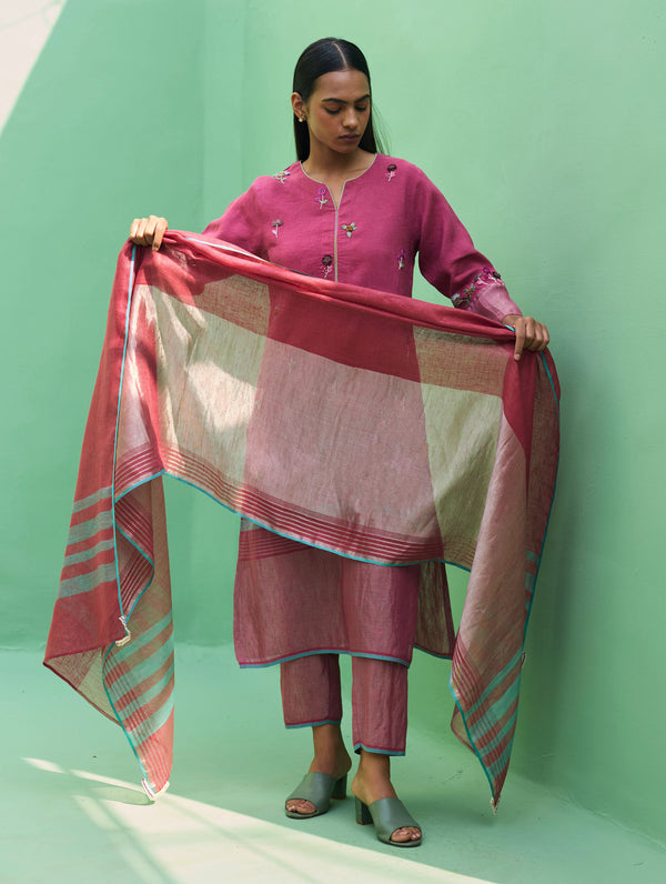 Emile Metallic Linen Hand-Embroidered Kurta Set - Crimson
